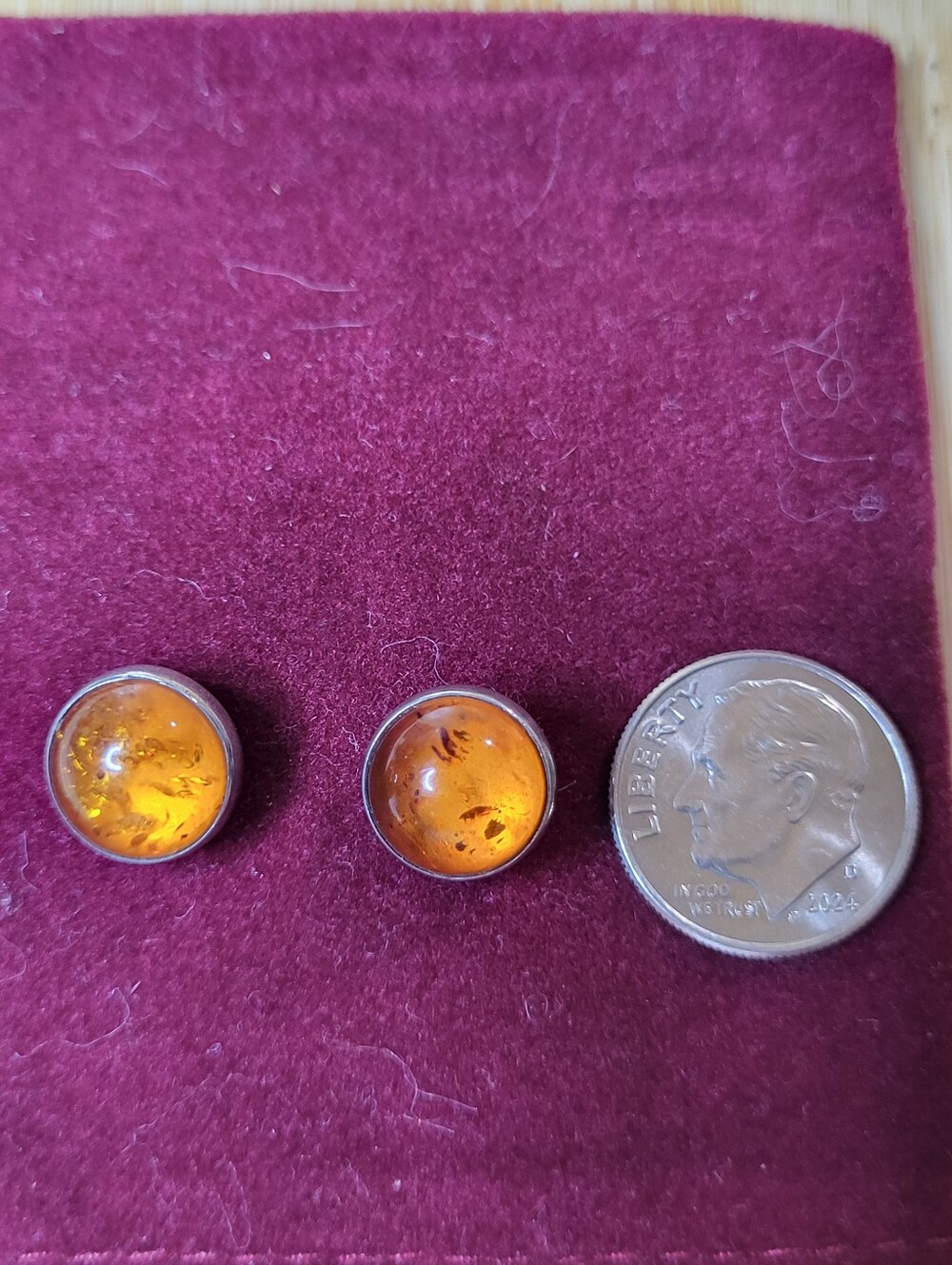 925 Sterling Silver & Amber Cabochon Stud Earrings Round Orange Amber Gemstones